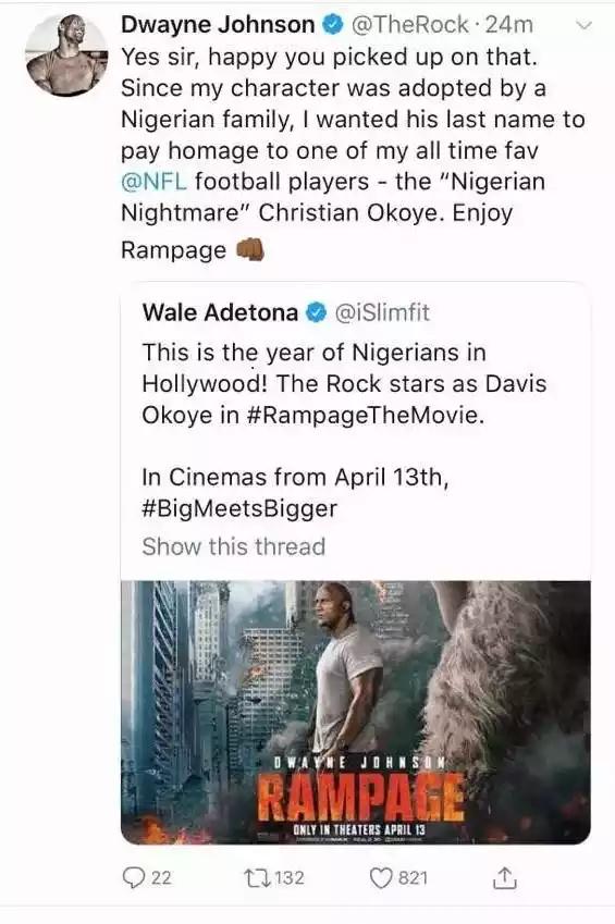 Dwayne Johnson reveals why he used a Nigerian name ‘Okoye’ in his new movie “Rampage”